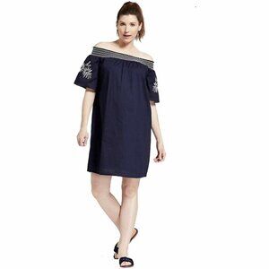Isabel Maternity Boho Navy Blue Off-the-Shoulder Embroidered Dress